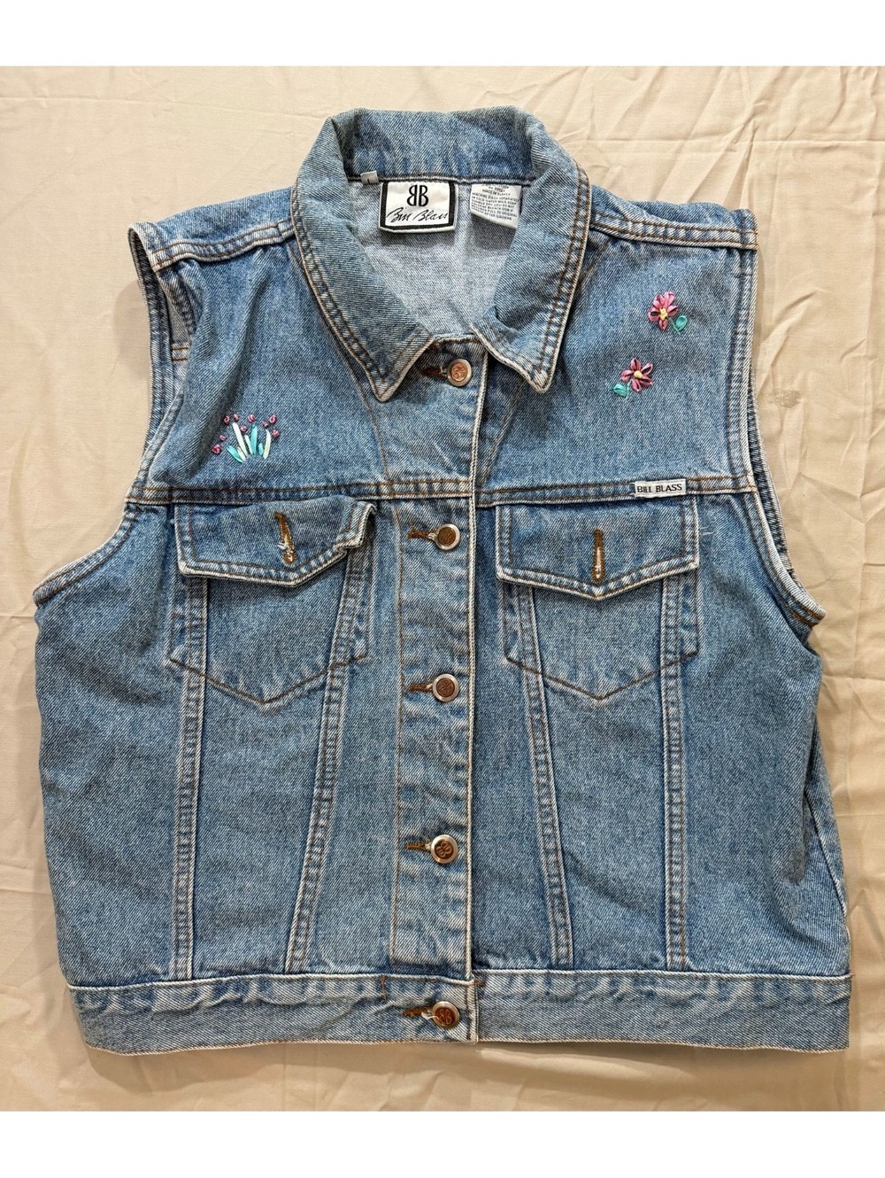 Vintage Bill Blass Denim Vest Womens L Floral Ribbon Embroidered Jean Jacket